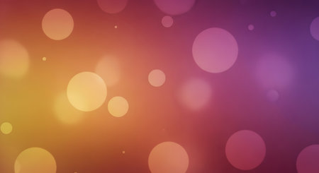 A vibrant gradient background transitions from warm yellow and orange to cool purple, overlaid with soft, out-of-focus circular bokeh lights.の素材