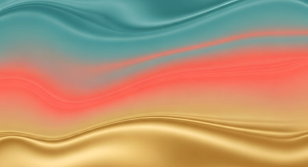 A fluid abstract background with flowing waves of teal, coral, and metallic gold colors creating a sense of movement and luxury.の素材