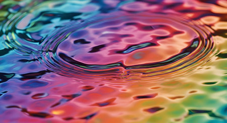 Concentric rainbow colored ripples emanate from a central point on a shimmering water surface, creating an abstract, colorful pattern.の素材