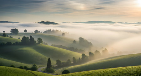Golden sunrise light breaks through a thick layer of fog, illuminating rolling green hills and scattered cypress trees in a picturesque landscape.の素材