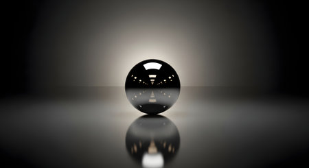 A single, highly reflective metallic egg sits centered on a dark, glossy surface, illuminated by a dramatic spotlight from above.の素材