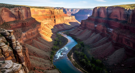 A breathtaking aerial view of the Grand Canyon's vast red rock formations and the turquoise Colorado River flowing through its depths.の素材