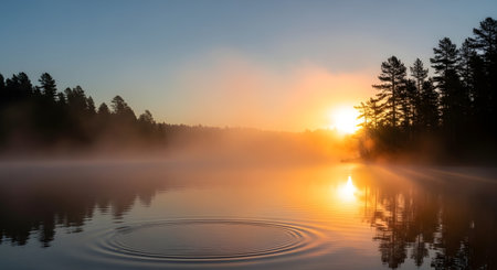 Golden sunrise illuminates a misty lake, casting warm light and reflections. Ripples spread across the calm water, creating a serene natural scene.の素材