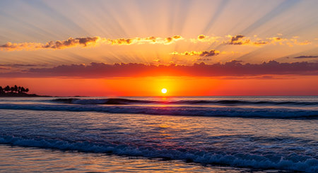 A breathtaking sunset paints the sky with fiery orange and yellow hues, casting radiant sun rays over the gentle ocean waves.の素材