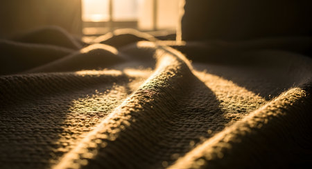 Golden sunlight streams across a rumpled, textured surface, creating dramatic shadows and highlights. The focus is on the fabric's tactile qualities.の素材