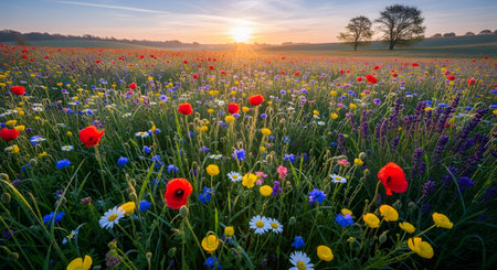 A breathtaking field of colorful wildflowers, including red poppies and bluebells, bathed in the warm glow of a sunrise.の素材