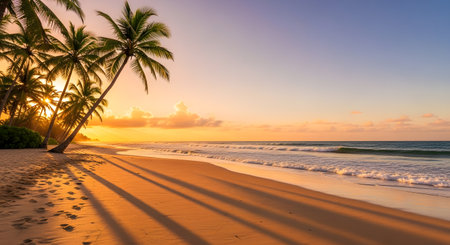 A serene tropical beach at sunset with golden light casting long shadows from palm trees onto the sand and gentle waves lapping the shore.の素材