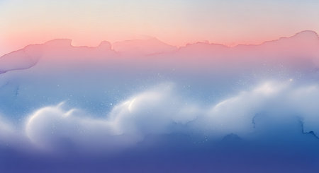 An abstract, ethereal landscape featuring soft pastel mountains transitioning into hazy, luminous clouds in shades of pink, blue, and purple.の素材