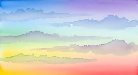 Soft, ethereal watercolor mountains blend with a vibrant rainbow gradient, creating a serene and magical atmospheric landscape.の素材