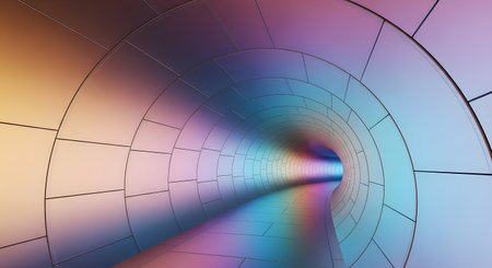 A futuristic, metallic tunnel with a rainbow-colored gradient, featuring a grid pattern and radiating lines, creating a sense of depth and motion.の素材