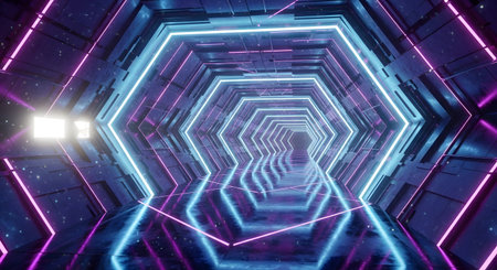 A mesmerizing, endless hexagonal tunnel illuminated by vibrant blue and pink neon lights, creating a sense of depth and motion.の素材