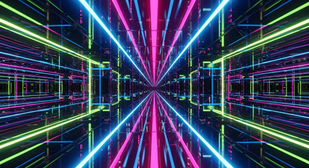 A symmetrical perspective of a futuristic tunnel with vibrant neon lights and repeating geometric patterns creating a sense of depth and motion.の素材