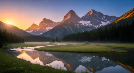 A breathtaking sunrise illuminates jagged mountain peaks, casting a warm glow over a misty valley and a tranquil river reflecting the scene.の素材