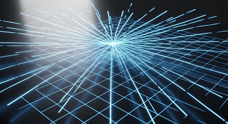 A central bright blue light explodes outward into numerous thin, glowing lines against a dark, grid-like background.の素材