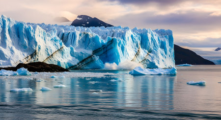 A towering blue and white glacier face with jagged edges meets the calm, reflective water. Mountains rise in the background under a cloudy sky.の素材