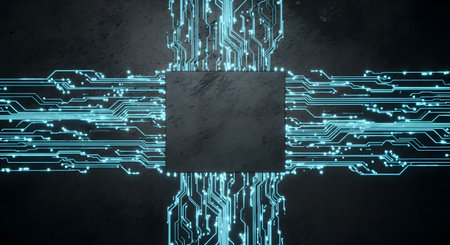 A central dark square is surrounded by intricate, glowing blue circuit board pathways, suggesting advanced technology and data flow.の素材