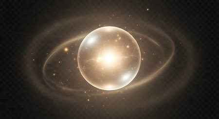 A luminous, oval-shaped orb emanates a bright light, surrounded by swirling cosmic dust and distant stars against a dark background.の素材