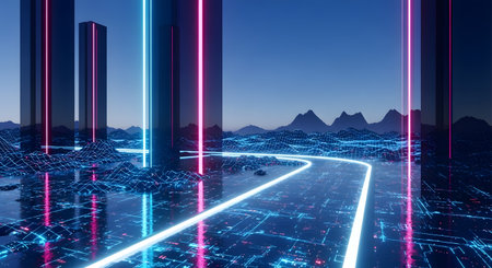 A surreal digital landscape featuring towering structures illuminated by vibrant neon lights, leading towards distant mountains under a twilight sky.の素材