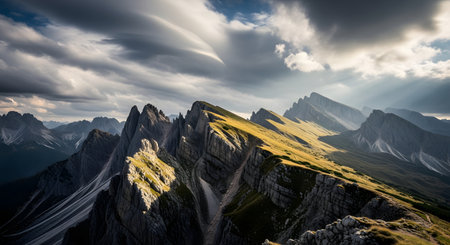 Jagged mountain ridges catch the last rays of sunlight, contrasting with dark, dramatic clouds overhead. A breathtaking alpine landscape.の素材