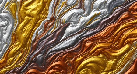 Close-up view of flowing, textured metallic surfaces with swirling patterns of gold, silver, and copper colors.の素材