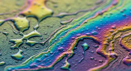 A close-up, abstract view of an oil slick displaying iridescent rainbow colors and textures. The intricate patterns and vibrant hues create a mesmerizing visual.の素材