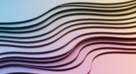 A close-up abstract view of dark, wavy lines creating a layered effect against a soft, colorful gradient background.の素材