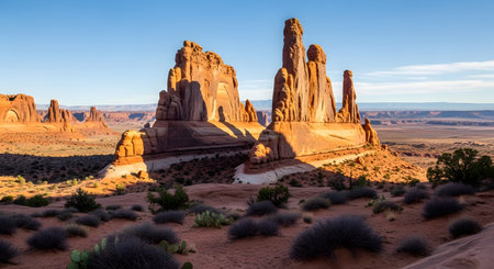 Iconic sandstone buttes in Monument Valley bathed in the warm glow of sunrise, casting long shadows across the desert landscape.の素材