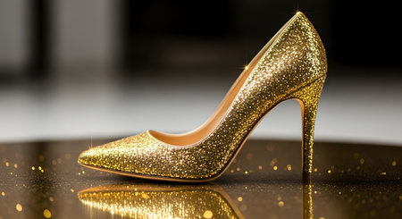 A single, dazzling gold stiletto heel shoe with intricate detailing sits on a shimmering, reflective surface.の素材