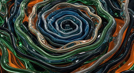 A close-up, abstract view of swirling, layered textures with iridescent metallic and organic qualities, creating a hypnotic visual.の素材