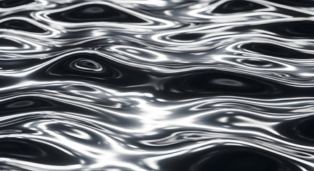 A close-up, abstract view of a dark, metallic liquid surface with dynamic, rippling waves and bright, shimmering reflections.の素材