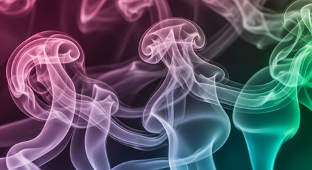 Ethereal plumes of pink, purple, and green smoke swirl and dance against a dark, abstract backdrop.の素材