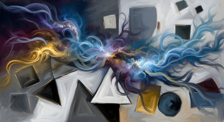 A dynamic abstract artwork featuring sharp geometric shapes intertwined with swirling, luminous energy streams in vibrant blues and yellows.の素材