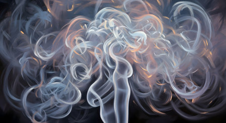 Ethereal and swirling colorful smoke forms intricate patterns against a dark, moody background, creating a sense of movement and mystery.の素材