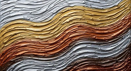 Abstract artwork featuring undulating waves with a textured metallic finish in shades of silver gold and copper.の素材