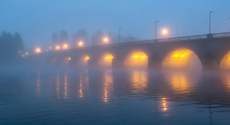 A stone bridge with arched spans is shrouded in fog, its warm lights reflecting on the still water below.の素材