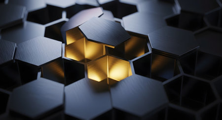 A close-up view of a hexagonal pattern with a glowing golden center, set against a dark, textured background.の素材