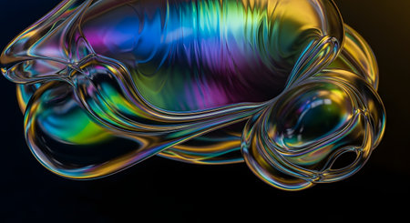 A close-up macro shot of a large, distorted soap bubble showcasing a stunning display of iridescent rainbow colors against a dark background.の素材