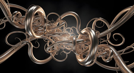 A complex, metallic sculpture with interwoven golden loops and swirling shapes against a dark background.の素材