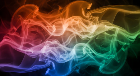 Abstract swirls of colorful smoke, transitioning through a spectrum of vibrant hues, create an ethereal and dynamic visual against a dark backdrop.の素材