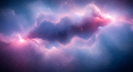 A breathtaking view of a colorful nebula in deep space, illuminated by pink and blue hues, with tiny stars scattered throughout.の素材