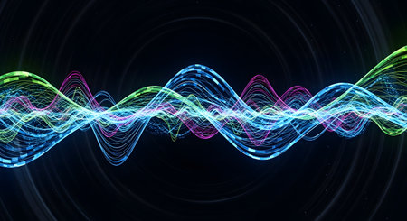 A vibrant, abstract representation of sound waves, depicted as glowing, colorful lines and particles against a dark background.の素材