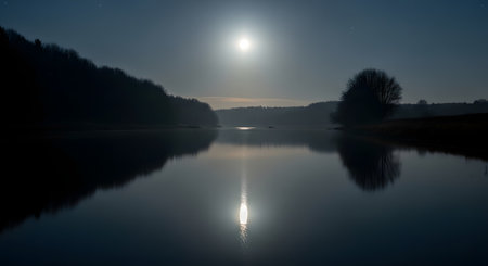 A tranquil river under a bright full moon, with trees silhouetted along the banks and the moon's reflection shimmering on the water's surface.の素材