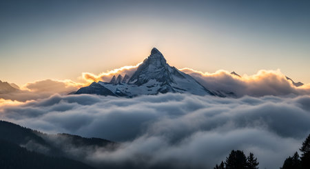 A dramatic mountain summit pierces through a dense blanket of clouds, bathed in the warm glow of sunrise or sunset.の素材