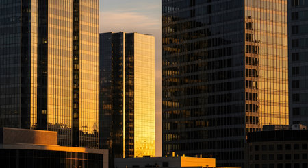 Tall, modern skyscrapers bathed in the warm, golden light of sunset, reflecting the sky and creating a dramatic urban scene.の素材