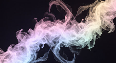 Ethereal pastel colored smoke swirls and drifts against a deep black background, creating a dreamy and abstract visual.の素材