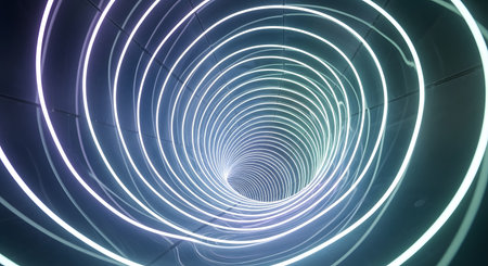 A mesmerizing, abstract tunnel of swirling neon lights creates a sense of infinite depth and movement.の素材