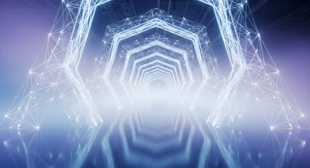 A symmetrical, glowing tunnel with neon lights, geometric shapes, and a bright light at the end, creating a sense of depth and motion.の素材