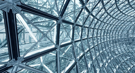 A mesmerizing, futuristic tunnel with intricate geometric patterns and a cool, blue, reflective surface creating a sense of infinite depth.の素材