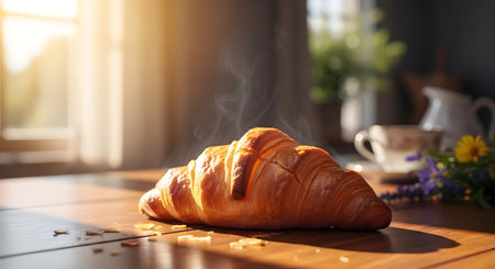 A freshly baked, golden croissant rests on a wooden surface, illuminated by soft, warm sunlight streaming from a window.の素材