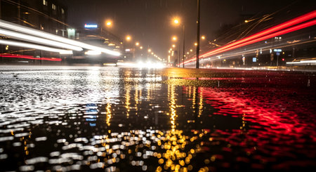 A wet city street at night with blurred light trails from moving vehicles reflecting on the wet surface.の素材